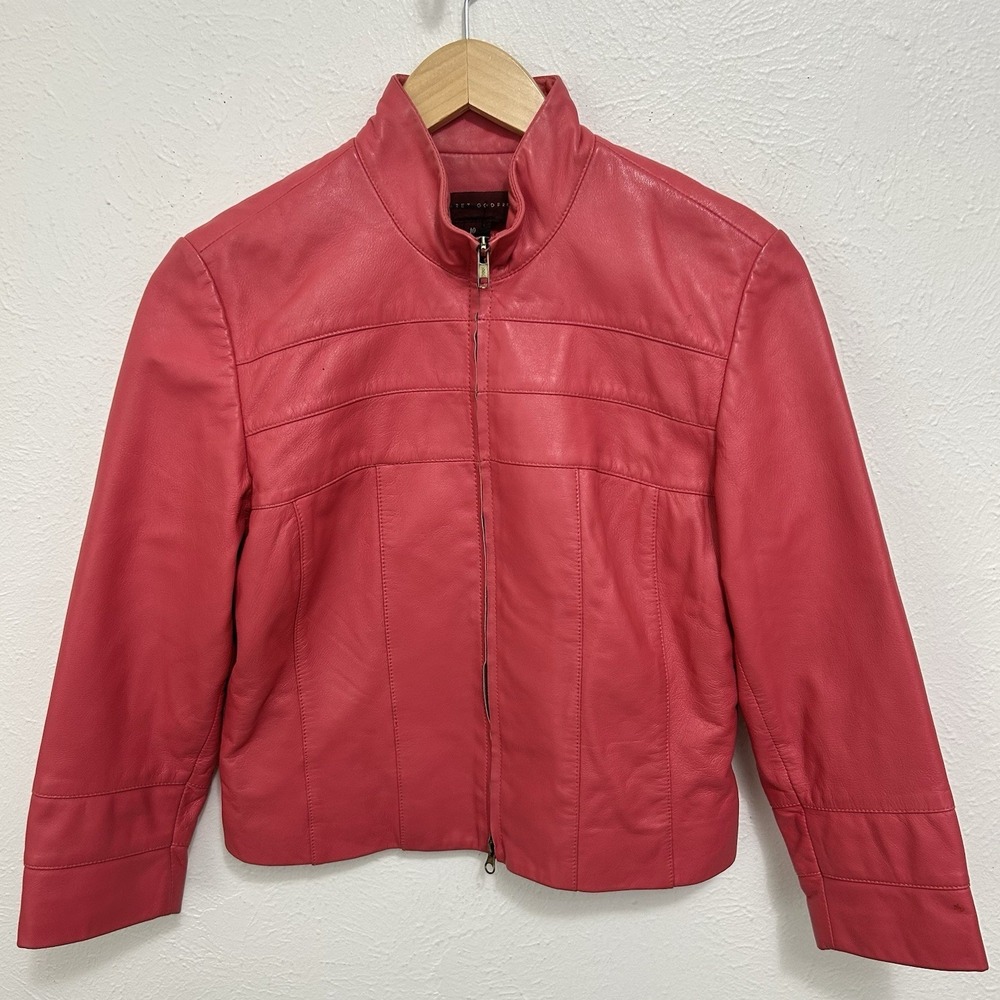 VTG Margaret‎ Godfrey Leather Moto Jacket Dark Pink 100% Leather Zip Front Sz 10